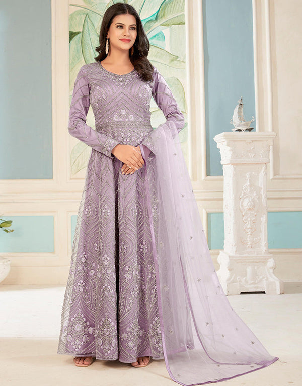 elegant violet net heavy designer suit collection here with violet japan satin 13441-prt19382 Front View